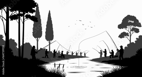 peaceful river fishing scene silhouette illustration of anglers enjoying a serene day outdoors perfect for relaxation and nature themes