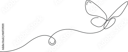 Butterfly in One continuous line drawing. Beautiful flying moth for wellbeing beauty or spa salon logo and divider concept in simple linear style. Editable stroke. Doodle vector illustration
