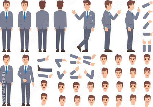 Businessman character creation set with various poses, facial expressions, and body parts for animation.