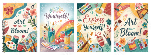 Vibrant art posters showcasing creativity, featuring paint supplies and colorful designs celebrating artistic expression.