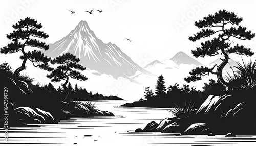 Wallpaper Mural Monochrome Mountain Landscape with Pines and River Torontodigital.ca