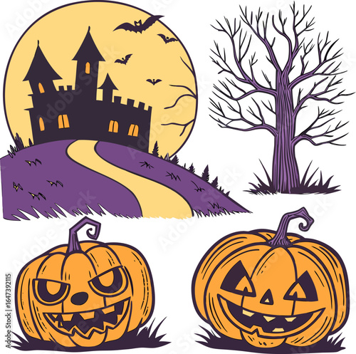 Old house with pumpkins in front, hellowen night Hellowen party. Happy Hellowen background vector,hellowen design vector,happy hellowen background image, hellowen background illustration 
