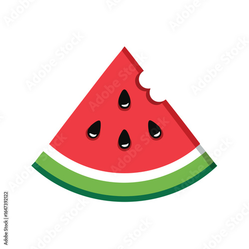 A vibrant illustration of a juicy watermelon slice with a bite taken out of it.