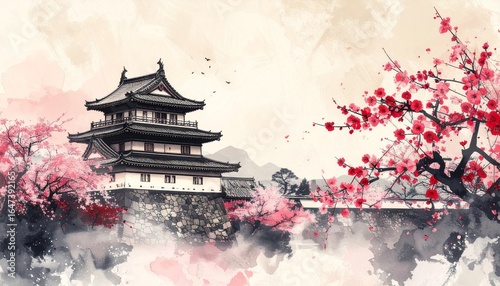 Wallpaper Mural Traditional Japanese Castle with Cherry Blossoms in Artistic Watercolor Style Torontodigital.ca
