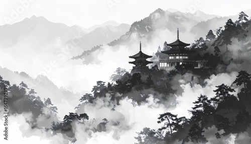 Wallpaper Mural Traditional Japanese Temple in Misty Mountains Torontodigital.ca