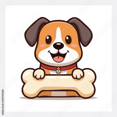 A cute cartoon dog with a happy expression holding a bone, smiling widely.