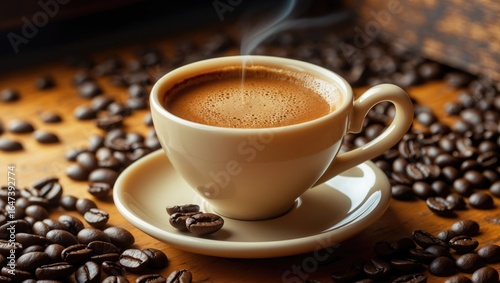Steaming cup of coffee on a saucer surrounded by coffee beans, warm wooden background.