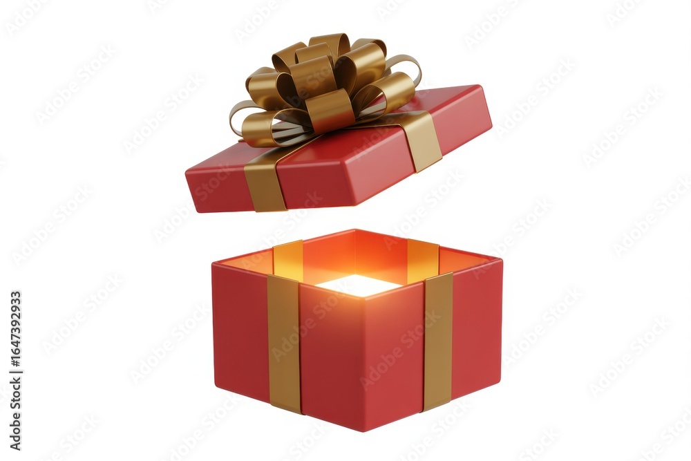 Red gift box with golden ribbon and glowing light Red gift box with golden ribbon and glowing light