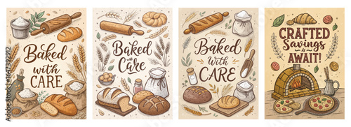 Charming baked goods illustrations featuring artisanal bread, baking tools, and warm colors.