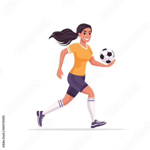 A female soccer player in an orange shirt and purple shorts running with the ball.