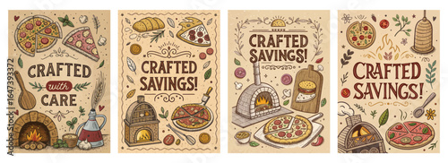 Colorful hand-drawn illustrations promoting crafted savings related to pizza and baking.