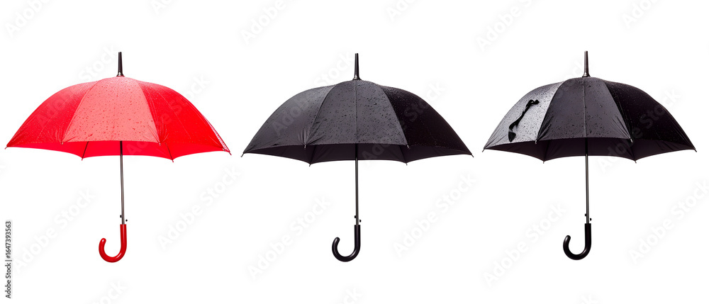 Obraz premium Three Umbrellas Displayed Against A Transparent Background With Water Droplets Presenting A Monochrome Set With Red And Black Colors