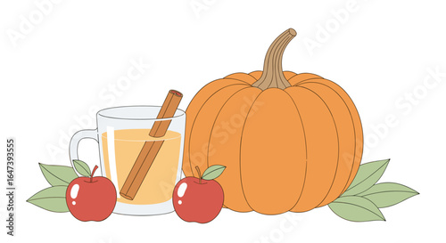 fall harvest pumpkin apple cider drink illustration autumn seasonal thanksgiving still life