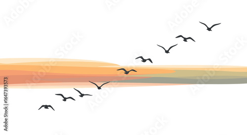birds flying silhouette against sunset watercolor background, freedom, travel, nature, sky, horizon