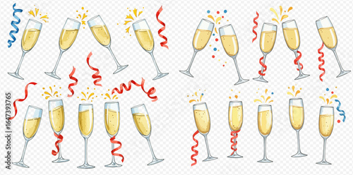 A collection of watercolor champagne flutes toasting and celebrating with confetti and streamers.