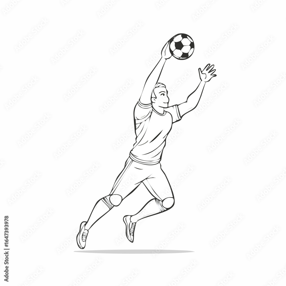Obraz premium A detailed black and white illustration of a soccer goalkeeper jumping to catch the ball during a match.