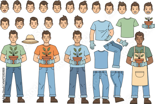 Cartoon gardener character with various options for customization.