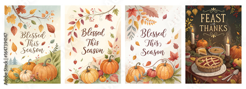 A charming collection of autumn-themed illustrations with pumpkins, leaves, and a festive pie display.