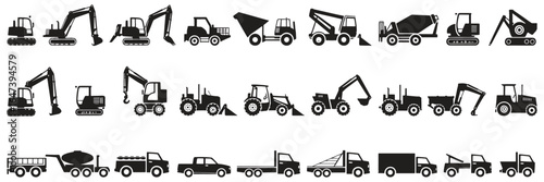 Construction equipment and trucks in black and white offers versatile options for building or transport design.