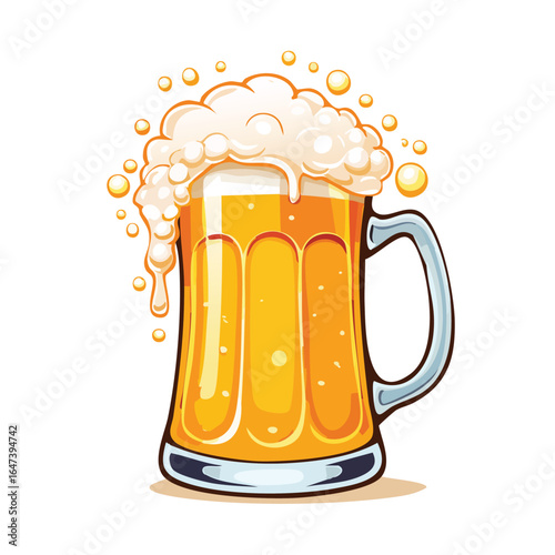 Illustration of a full beer mug with overflowing foam, perfect for a refreshing drink.