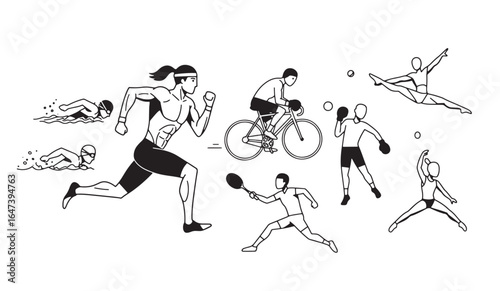 Dynamic Display of Diverse Athletic Pursuits Showcasing Swimmers, Runners, Cyclists, Boxers, Tennis Players, Gymnasts in a Minimalist Black and White Illustration