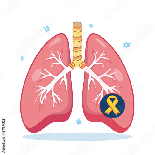 Illustration of human lungs with a yellow awareness ribbon, medical concept, healthcare.