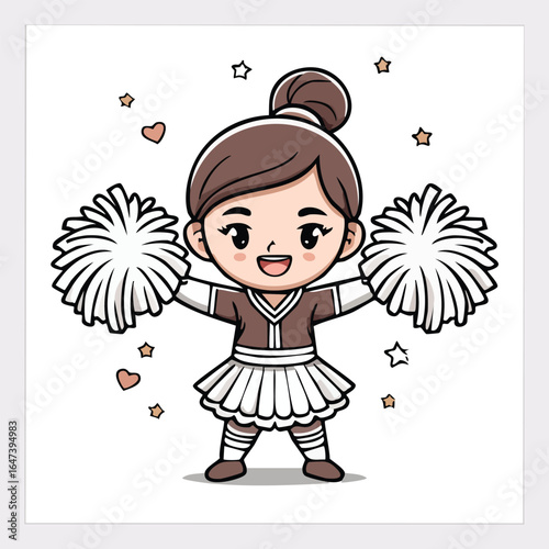 Cartoon illustration of a cheerful cheerleader with pom-poms, smiling and ready to perform.