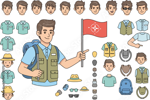 Cartoon character builder with tourist man, clothes, and accessories.