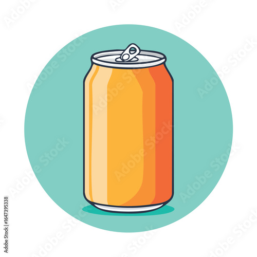 Illustration of a vibrant orange soda can with a pull tab, set against a teal circular background.