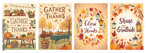 Beautiful autumn-themed illustrations celebrating gratitude and thankfulness in vibrant colors.