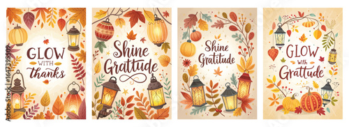 A vibrant autumn-themed collection featuring warm lanterns, colorful leaves, and messages of gratitude.