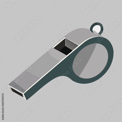 A detailed illustration of a silver whistle with a dark gray accent, used in sports.