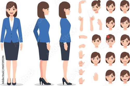 Businesswoman character creation set with different views, hand gestures, and facial expressions.