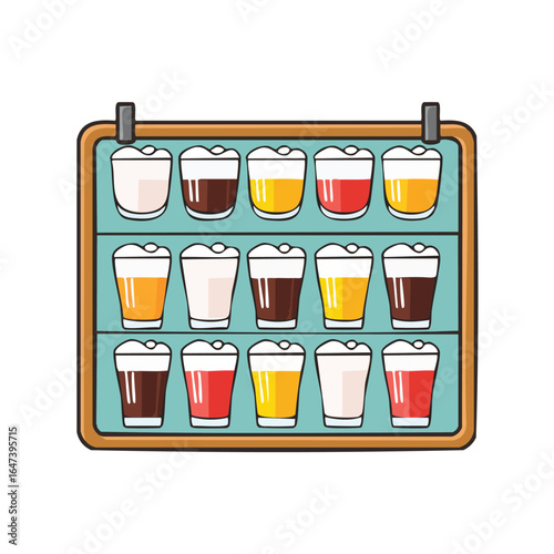 A detailed illustration of a beer flight featuring various types of craft beer in different glasses.