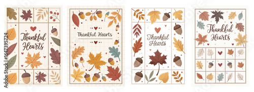 A collection of autumn-themed cards featuring leaves, acorns, and the phrase 'Thankful Hearts'.