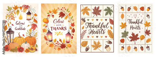 Warm autumn-themed illustrations celebrating gratitude with pumpkins, lanterns, and colorful leaves.