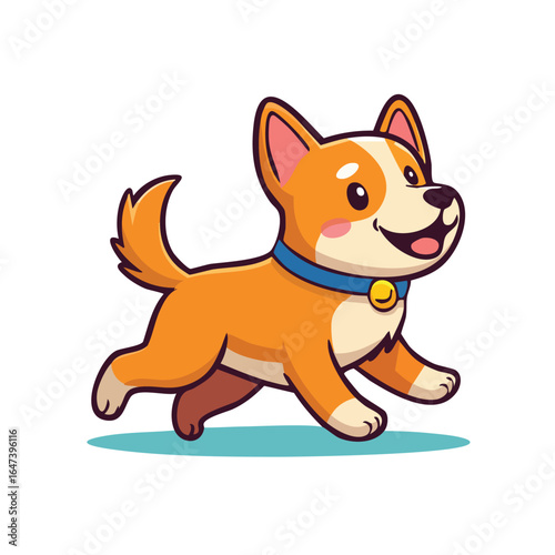 A cheerful cartoon dog with orange and white fur is running and smiling happily.