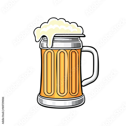 Illustration of a full beer mug with overflowing foam, a refreshing alcoholic beverage.