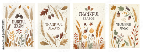 A collection of four autumn-themed cards with floral designs and thankful messages, celebrating the season.