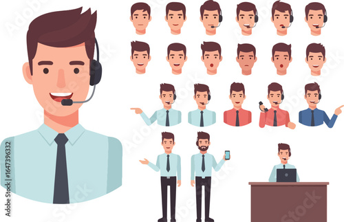 Male customer service agent character creation set with various facial expressions, gestures, and poses for animation or design.