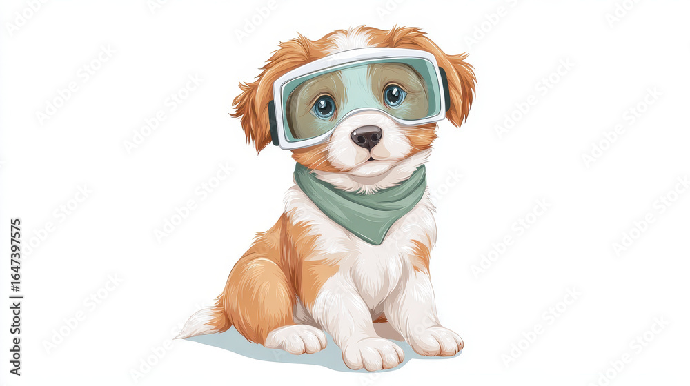 Obraz premium Adorable puppy wearing futuristic VR goggles and green bandana, sitting on white background. illustration features cute and playful design with soft colors and modern touch