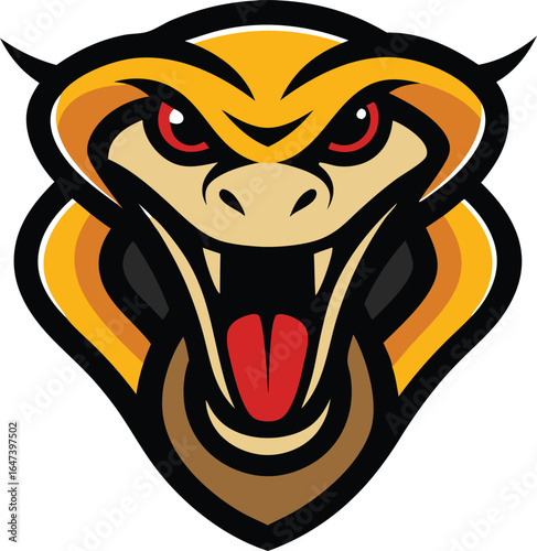 Aggressive cobra head mascot with open mouth and red eyes