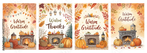 Four cozy autumn-themed illustrations featuring warm gratitude and thanks with pumpkins and fireplaces.