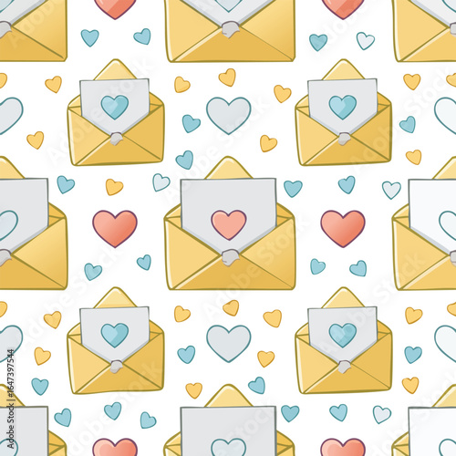 Seamless pattern featuring open envelopes with heart-shaped letters and scattered hearts.