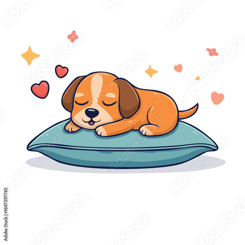 A cute cartoon puppy sleeping peacefully on a soft blue pillow with hearts and stars.