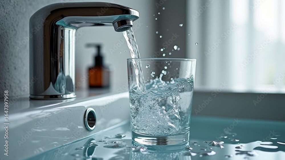 Clear glass of water filling from modern faucet in well-lit bathroom setting Clear glass of water filling from modern faucet in well-lit bathroom setting