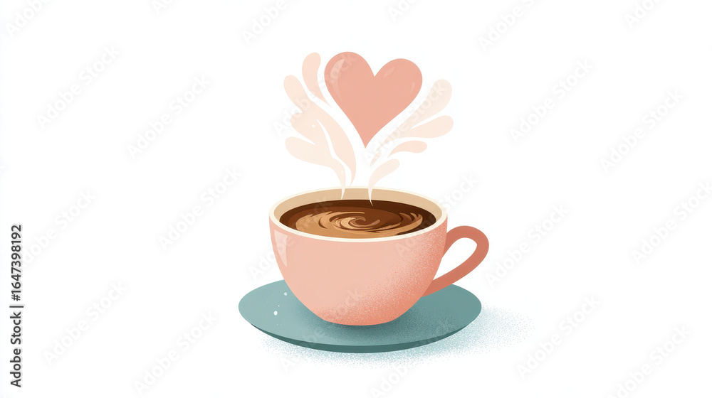 Obraz premium Steaming cup of coffee with heart shaped steam design rising above it, placed on blue saucer, evokes warmth and love