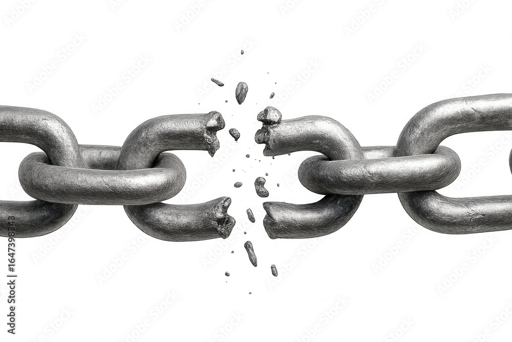 Obraz premium Steel chain shattering, metal fragments dispersing dynamically, symbolizing personal breakthrough, liberation from constraints, power of resilience against limitations