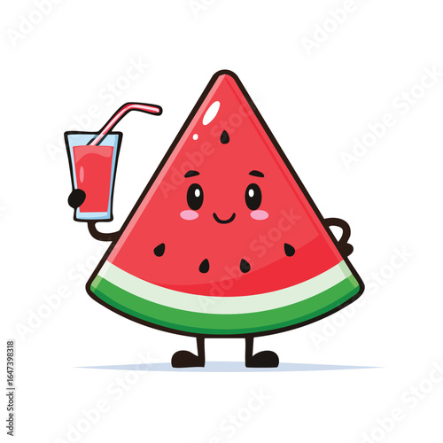 Cartoon watermelon slice character holding a glass of juice with a straw, smiling happily.