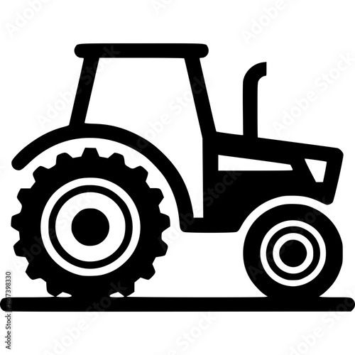 Agricultural Tractor Illustration: A monochrome vector illustration of an agricultural tractor, rendered with bold lines and intricate details, against a pristine background.